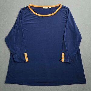 Susan Graver Women XL Navy Liquid Knit 3/4 Sleeve Orange Neck Trim Blouse